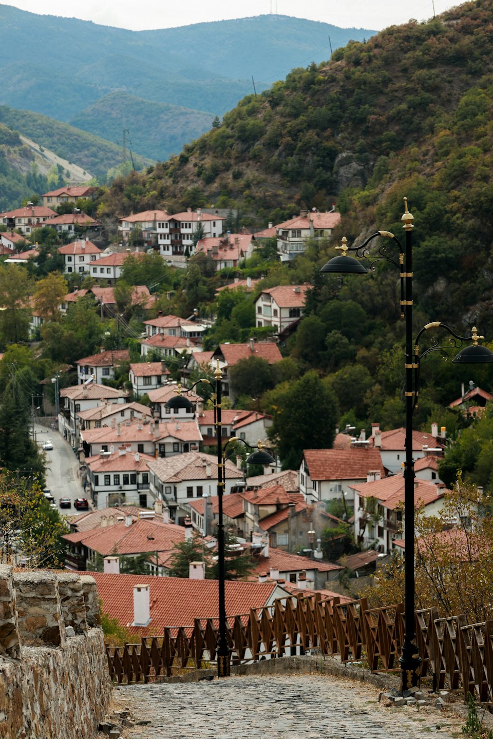 Case con tetto in terracotta in un villaggio incastonato tra montagne verdi.